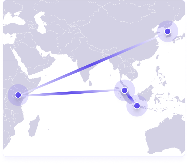 Map showing Jakarta, Kuala Lumpur, Nairobi, and Seoul